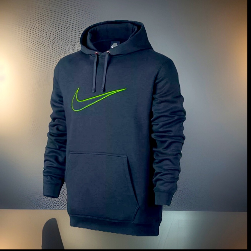 Nike Pullover Hoodie Black Embroided Swoosh Green/Blue Across Chest Kangaroo